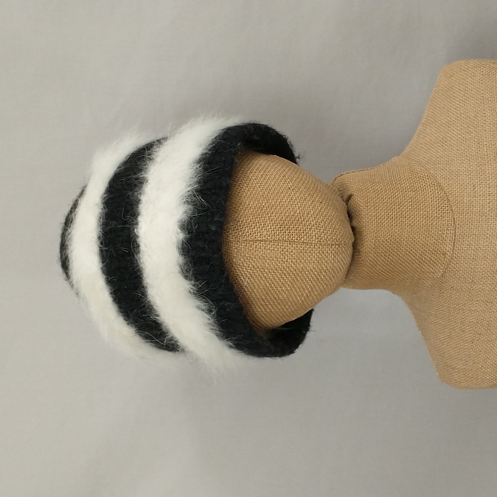 Handmade Knit Hat White Angora with Black Super Cute Fuzzy Striped Handknit OOAK